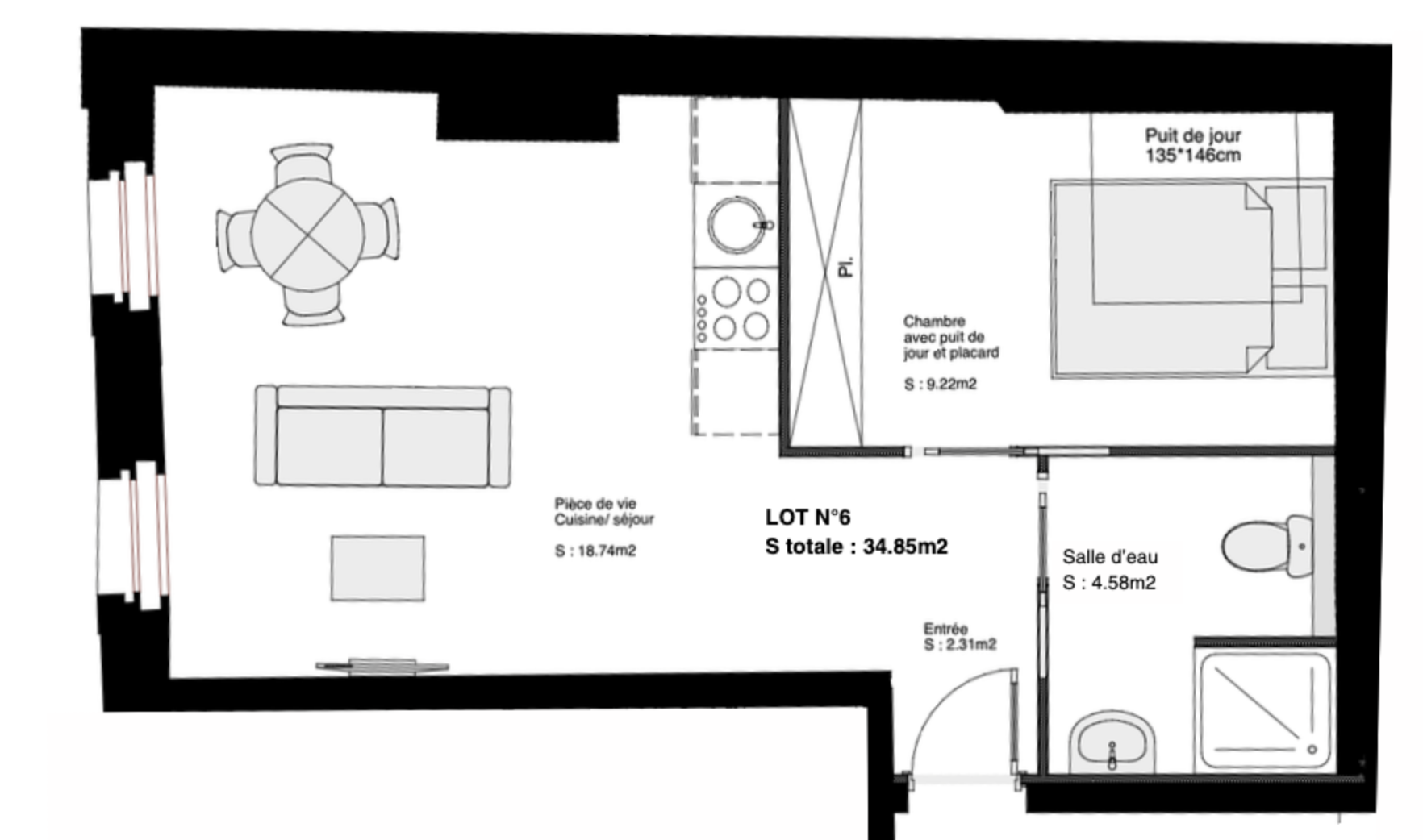 T2 à aménager de 34,85 m² au 1er étage avec vue sur le port — photo 2