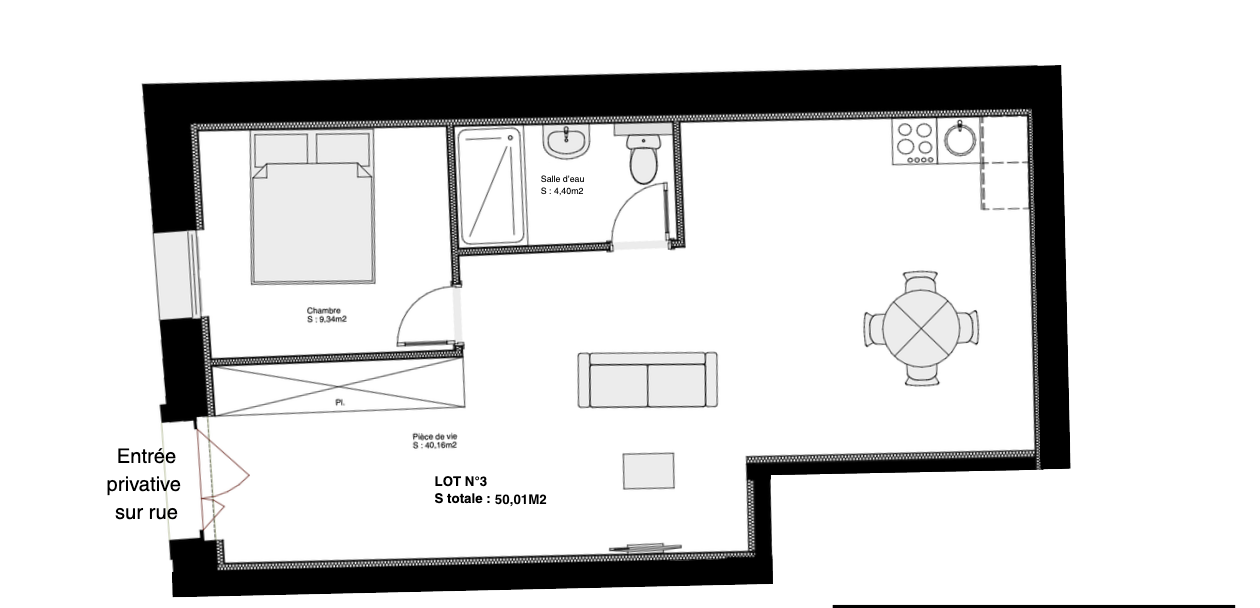 T2 brut de 50 m² de surface utile en rez-de-chaussée avec entrée privative sur rue — photo 2