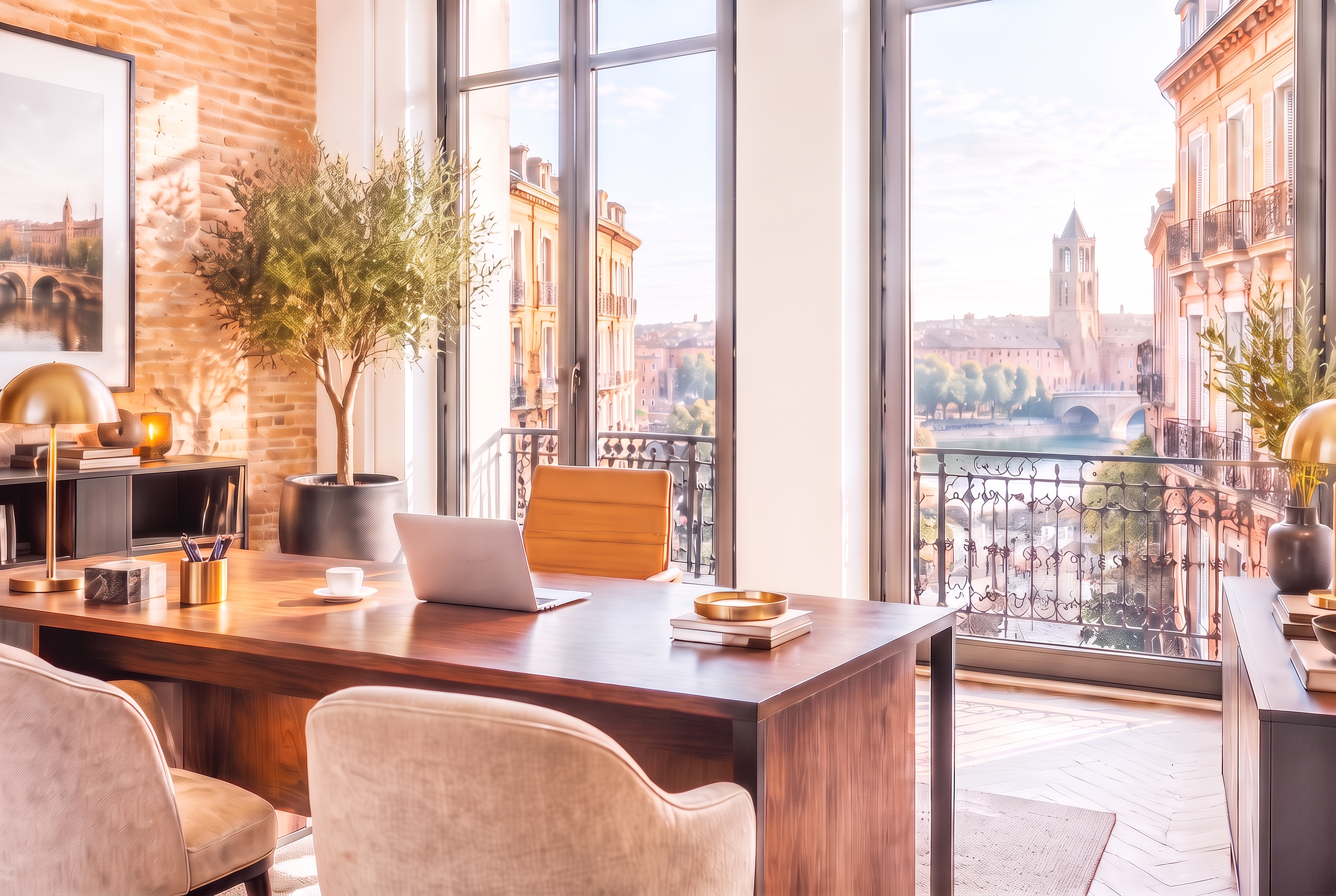 Bureau d'agence immobilière avec ordinateur portable et café au coucher du soleil